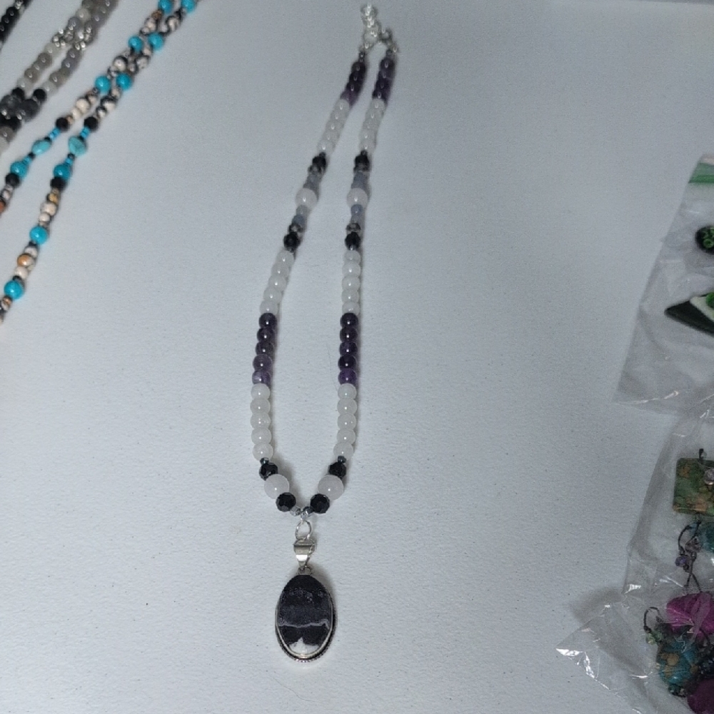 Beaded Amethyst & Quartz Pendant Necklace Handmade